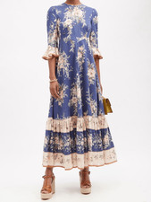Zimmermann Floral Linen Maxi Moonshine Dress Bell Sleeve Ruffle Hem Size 0