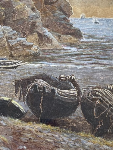 Antique 19th Century Watercolour Coastal Scene Fishing Boats - Signed - Framed - Picture 15 of 23