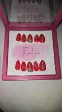 Red Silver Shiny 3D Rhinestone Medium Almond Press-On Nails Set Full Cover