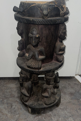 Vintage African Yoruba-style Carved Figural Ceremonial Drum Pedestal, Side Table
