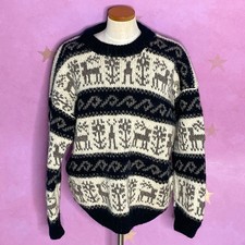 Vintage Hand Knit Wool Sweater Heavy Fair Isle Reindeer Nordic Chunky 80s