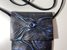 Black Blue Leather Fantasy Glass Eye Pouch Purse Handmade Art Wendy Ellertson