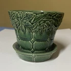 MCCOY USA POTTERY GREEN QUILTED With Leaf DESIGN Planter ATTACHED SAUCER 5.25”