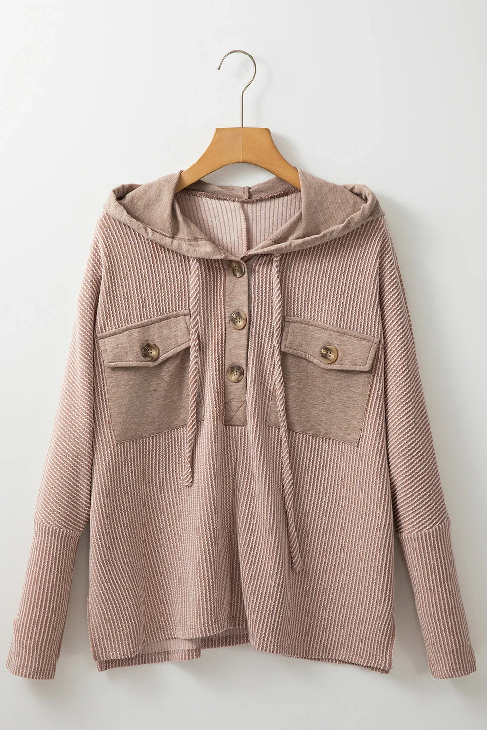 Mocca Flap Pocket Hoodie L Corded Ribbed Drawstring Top Buttoned UK Size 14 image 3