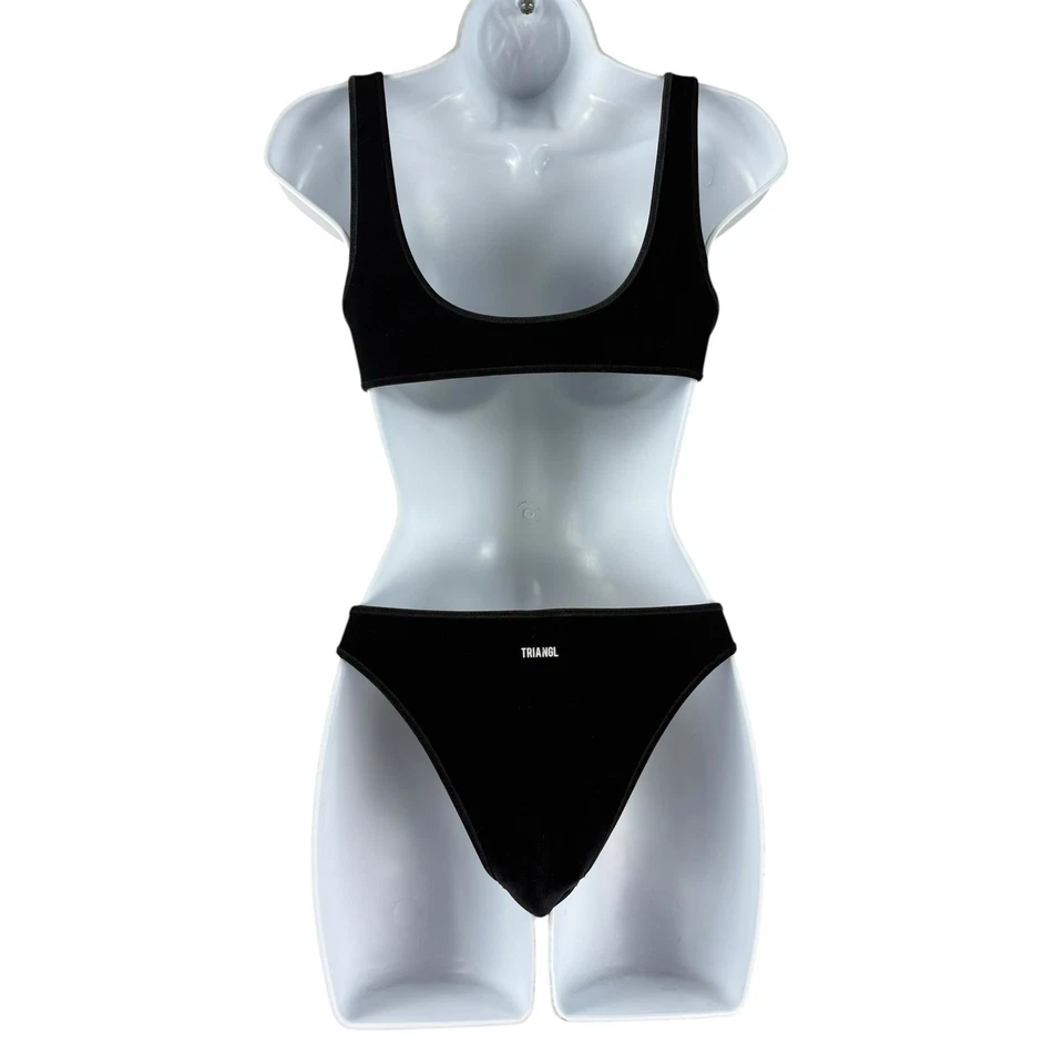 Conjunto de bikini triángulo para mujer pequeño negro terciopelo traje de baño ropa de playa Foto 2 de 4