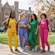 Stretch Medical Nursing Scrub Uniform Set Crew-Neck Jogger Drawstring Long Shift