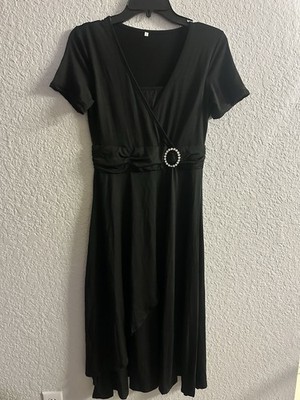 Black Knee Length Wrap Dress Short Sleeve V-Neck Buckle Accent L Women's |  eBay