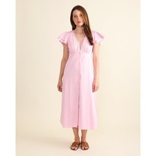 SEdge Romantic Pink Cotton Midi Dress Flutter Sleeve Feminine Button Front L NEW