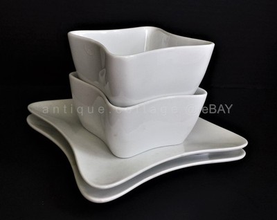 CRATE & BARREL 4pc small BOWL and PLATES (2 of each) square swirl
