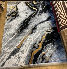 Luxury Black & Gold Marble Effect Rug – Modern Abstract Statement Carpet