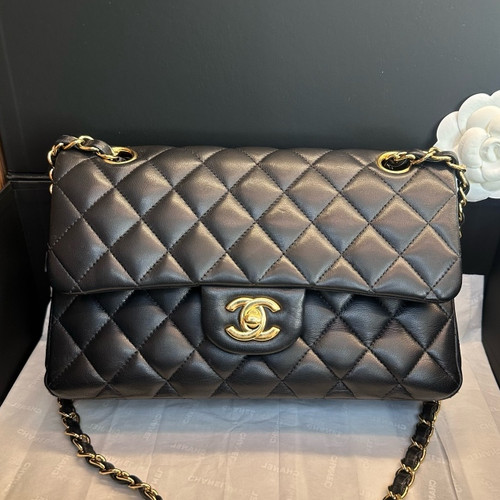 Chanel Classic Flap PM Lambskin Gold Chain Black Shoulder Bag Crossbody D