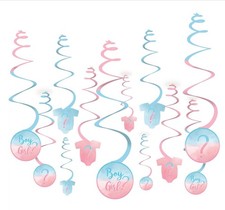 THE BIG GENDER REVEAL BABY SHOWER 12 PC. Pink  Blue Hanging Swirl Decor Kit NEW