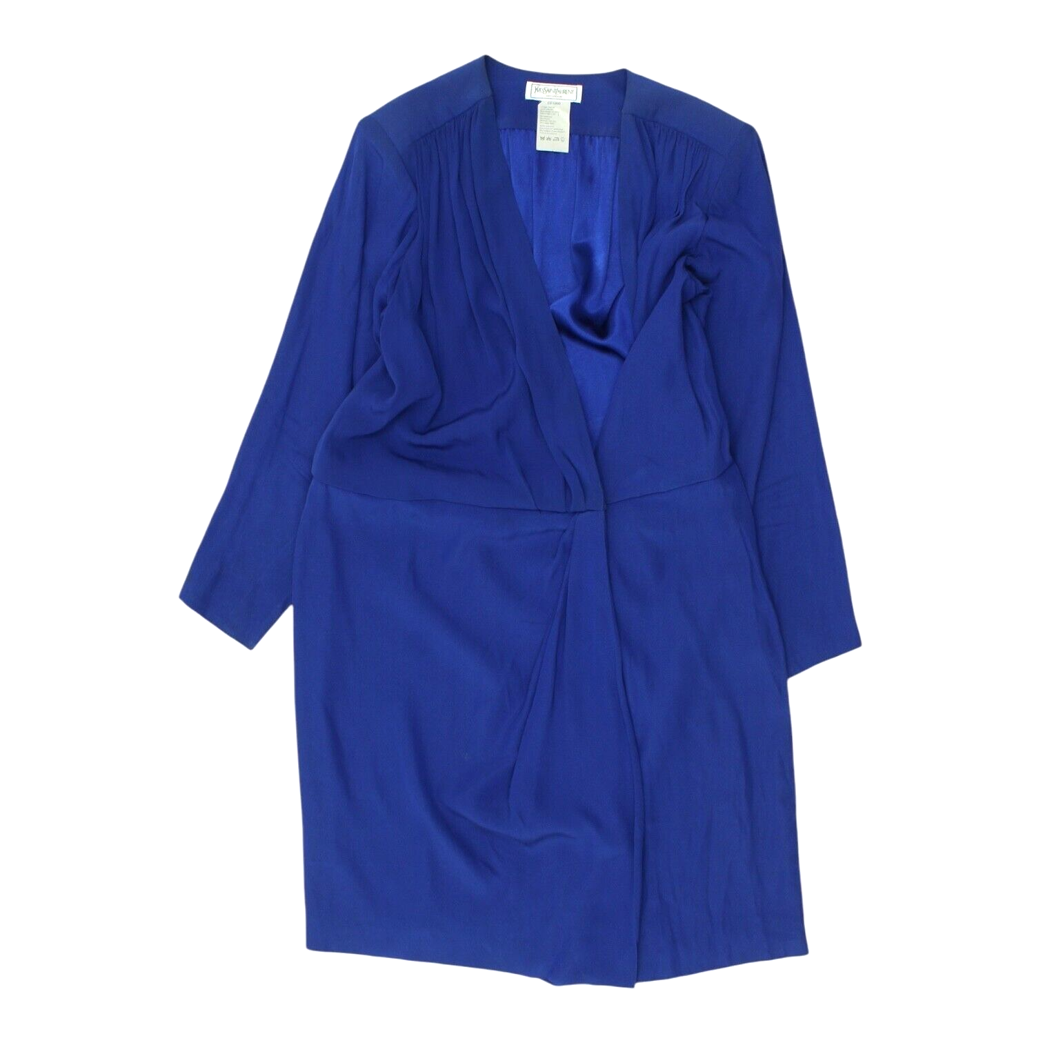 Abito Yves Saint Laurent Vintage Designer Donna Blu Manica Lunga Scollo a V Profondo