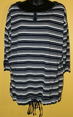 Talbots X Navy Blue Cream Striped Blouse 3/4 Slvs Tie Front Bottom Hem 0X