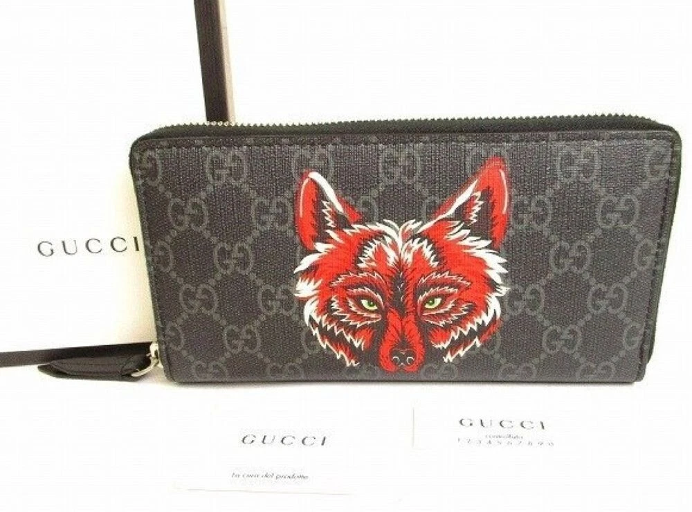 RARE GUCCI Wolf Portefeuille Long GG Supreme Cuir Toile Rond Zip Noir