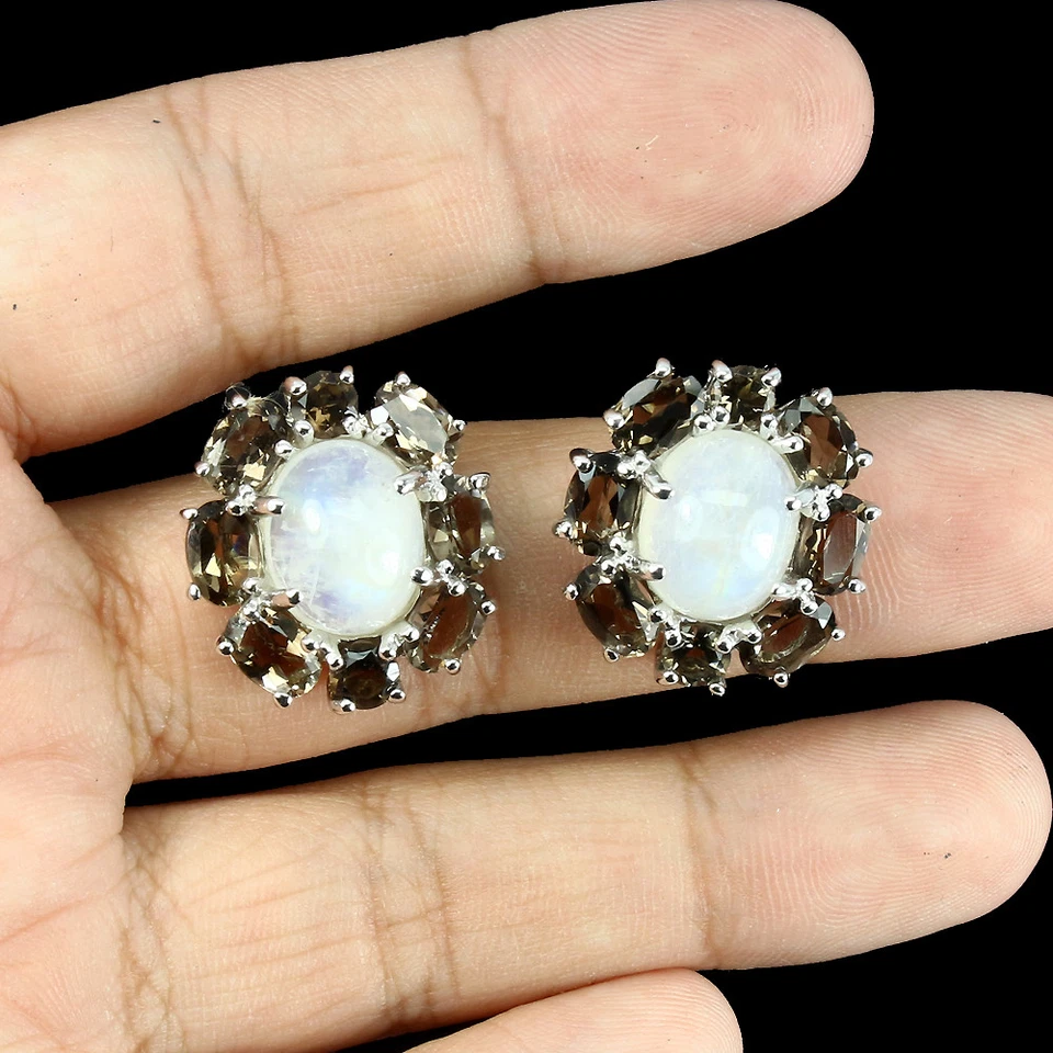 Pendientes de plata de ley 925 ovalados piedra lunar cuarzo ahumado piedras preciosas joyería Foto 2 de 4