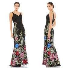 Mac Duggal 5475 Floral Embellished Spaghetti Strap Gown Size 0 NWT Black Multi