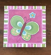 SAPNA SUSPENSION DÉCORATION MURALE ART TOILE PEINTURE PAPILLON VERT BORDURE RAYÉE