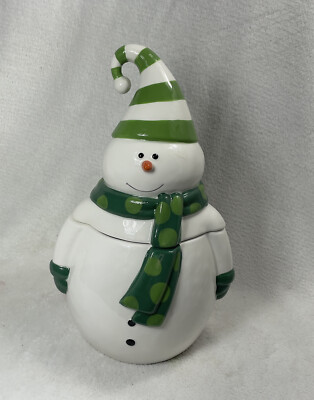 Snowman Cookie Jar with Green Striped Hat and Scarf by Sue Zulauf Certified Int