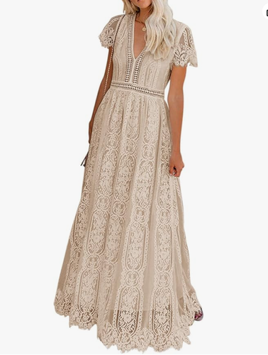 MEROKEETY V Neck Short Sleeve Floral Lace Bridesmaid Cocktail Dress XL Apricot