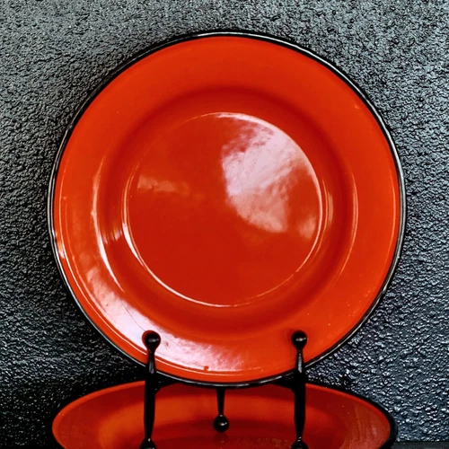 2 Vintage HUTA SILESIA Enamelware 10.5 " Plates Orange Black Trim Poland 26