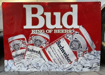 Rare Vintage Budweiser ''BUD'' King of Beers Tin Advertising Sign c1987
