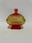 Vintage Jeanette Acorn And Oak Leaves Amberina Candy Dish Pedestal With Lid