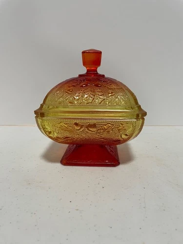 Vintage Jeanette Acorn And Oak Leaves Amberina Candy Dish Pedestal With Lid