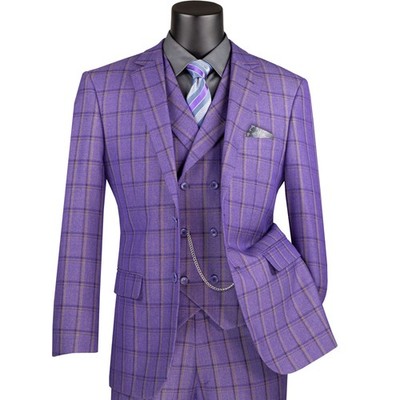 BIG & TALL Men's Purple Windowpane 3 Piece Modern Fit Suit NEW