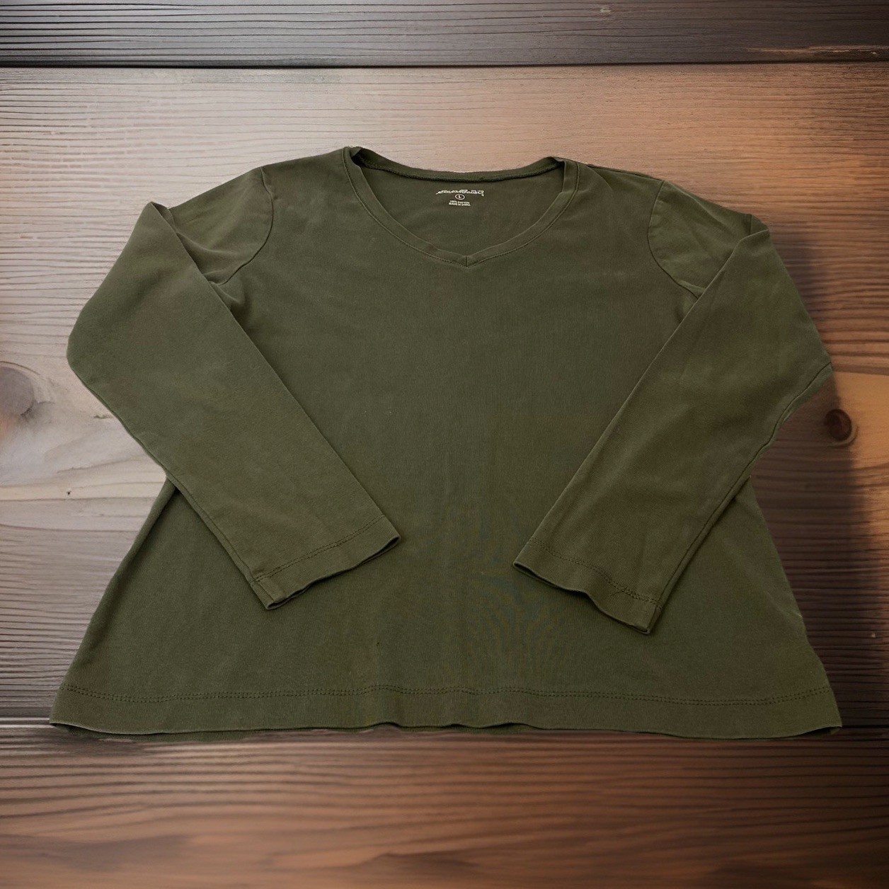 Eddie Bauer Womans L Large Solid Dark Green 100% Cotton Long Sleeve  T Shirt