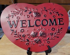 Metal Welcome Sign Heart Shape Darker Red Raised Black Design Hanging Chain