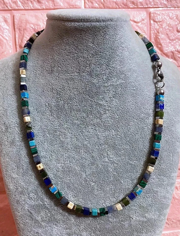 Collana Girocollo Uomo Pietra Naturale Lapislazzuli Turchese Cubo Ematite 4mm - Immagine 3 di 4