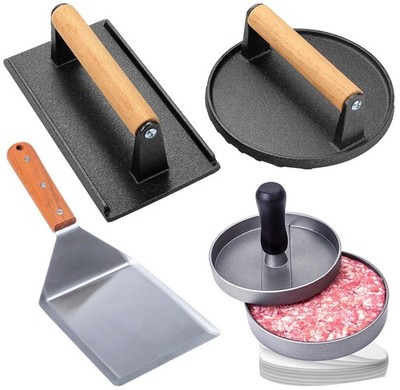 Smash Burger Kit, Heavy-Duty Round & Rectangle Cast Iron Smash Bacon Press, S...
