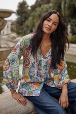 JOHNNY WAS JANNICA SILK LONG SLEEVE SHIRT IN NAPPERON PRINT SIZE S 248