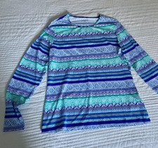 New Lands' End Woman's Crew Neck Long Sleeve Swim Tee Blue Print Small 6-8