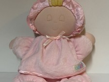 VintageEden Sleeping Pink Plush Baby Doll Lovey w/ Blonde Hair and Satin Trim