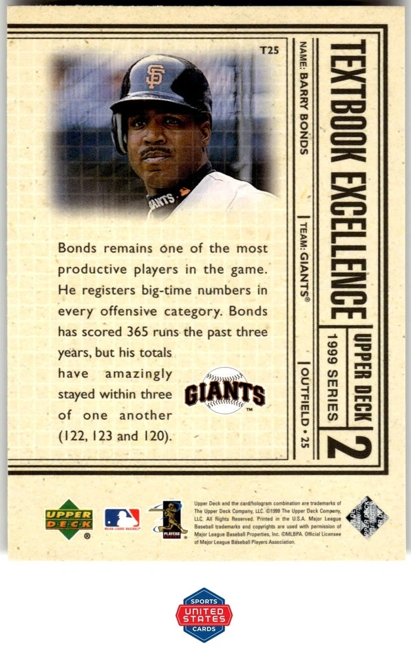 1999 Upper Deck #T25 Barry Bonds Textbook Excellence - Image 2 of 2