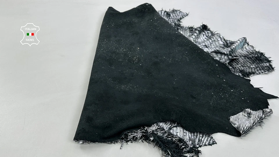 METALLIC SILVER FRINGED ON BLACK Thick Lamb leather 2 skins 12+sqf 1.0mm #C5575 - Image 3 of 4