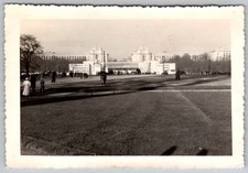 Vtg B&W Snapshot People in Park Near Large Building 1978