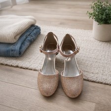 Michael Kors Kids Thessaly Kris Rose Gold Glitter Block Heel Shoes Sz 4