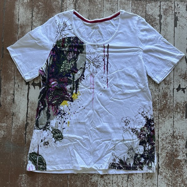 BeMe T-shirt Women Plus S White Multicoloured Abstract Floral Graffiti Diamanté