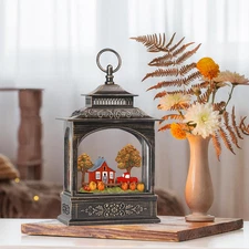 Fall Snow Globe Lantern 6H Timer Lighted Plug-In & Battery Operated Red Truck