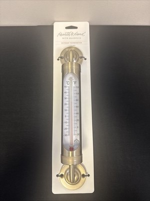 Brand New Brushed Brass Outdoor Temp Thermometer Hearth & Hand Wall Mountable