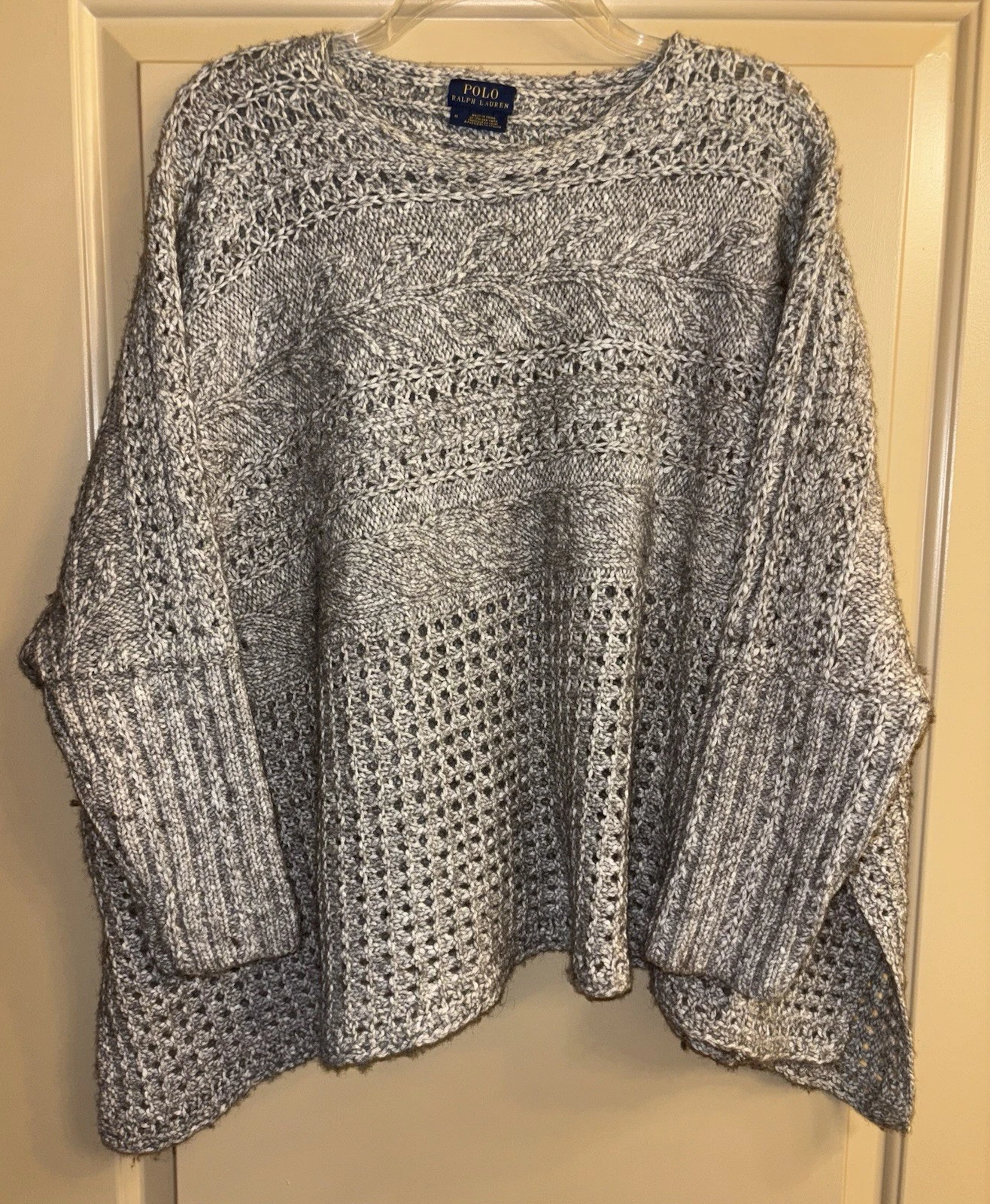 Ralph Lauren Poncho Womens Size Medium Cable Knit Gray Preppy Classic Old Money