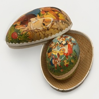 Vintage German Paper Mache Fillable Nesting Easter Eggs 7  & 4.5  Set
