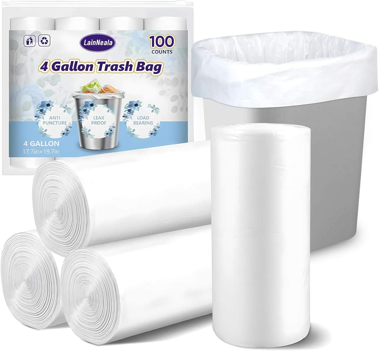 100 Small Trash Bags 4 Gallon, White Plastic Garbage Bag Unscented for Small Bin