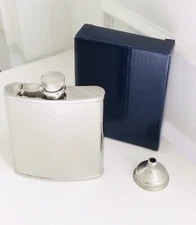 6 oz. Stainless Steel Flask With Funnel - Attached Screw Cap - New In Box