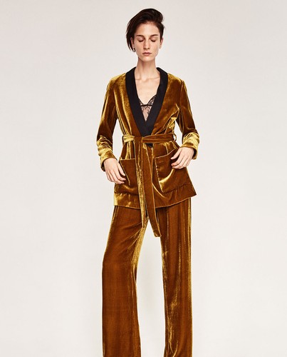A672 ZARA JACKET VELVET TUXEDO MULBERRY GOLD MUSTARD SILK BLAZER COAT LARGE - L - Picture 13 of 18