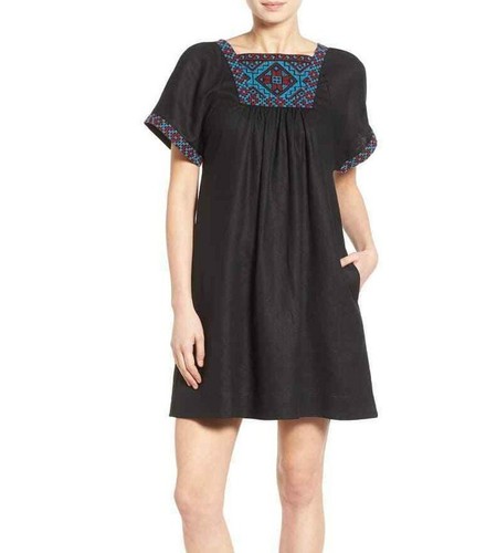 Madewell Dress XS Black Linen Square Neck Embroidered Shift Mini