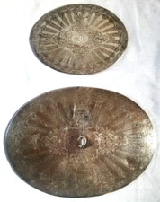 2 VTG Etched Gilt Silver Plate Oval Trivets Monogrammed C or D 6" & 9.5" Initial